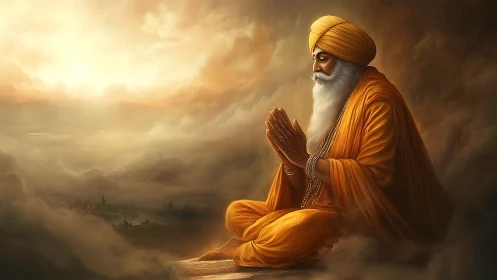 Elderly turbaned man meditates in golden cloudy sky.