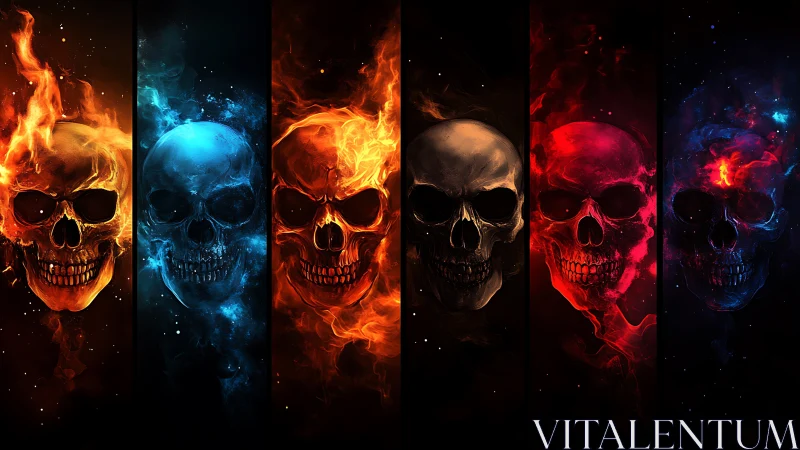Flaming spectral skulls trade colors in a cosmic inferno ballet