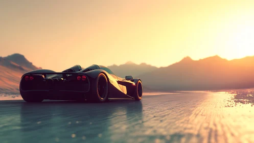 Low-angle render shows hypercar on reflective desert track at dawn