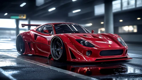 Crimson supercar resting in a glossy city parking glow.