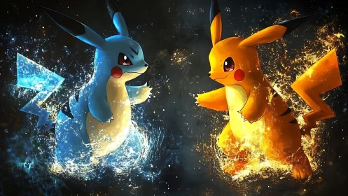 Electric duel ignites between water-blue and fiery Pikachu forms