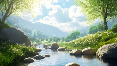 Digital painting of luminous alpine stream and meadow lightscape.