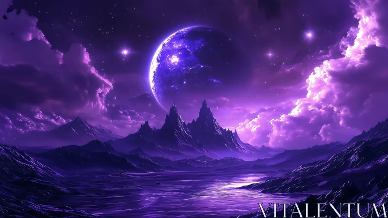 Purple extraterrestrial mountain range under large planet.