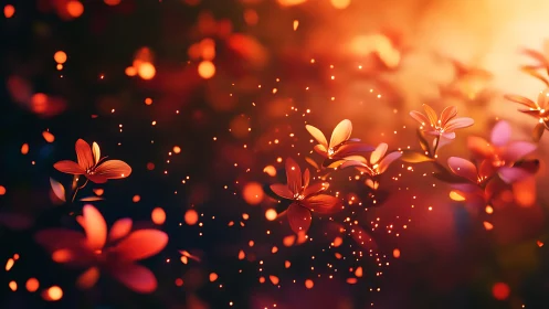 Glowing orange blossoms drifting through golden evening light.