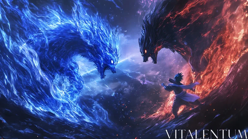 Elemental dragon duel with lone warrior between fire and ice.