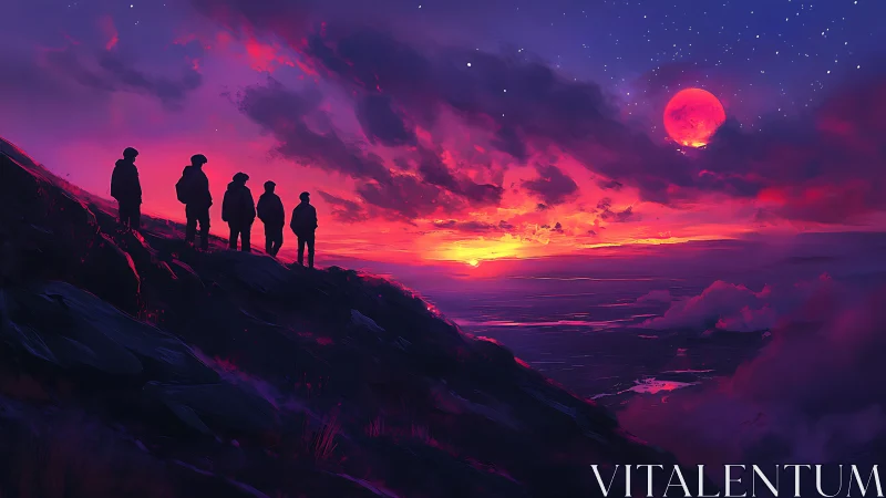 Silhouetted hikers watch crimson moon over neon sunset