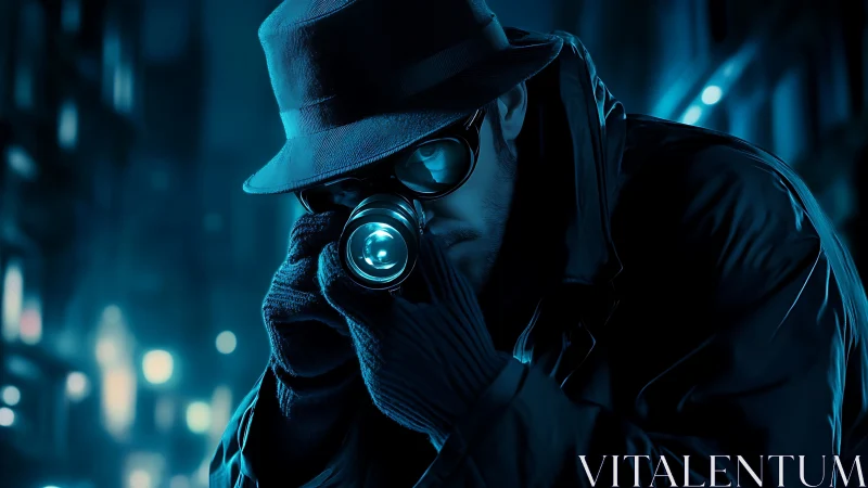 Nocturnal telephoto surveillance operative in cyan chiaroscuro.