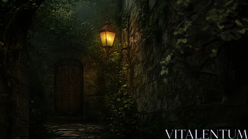 Old stone alley glows under a single enchanted lantern.