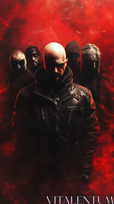 Bald figure leads masked group in red smoke haze