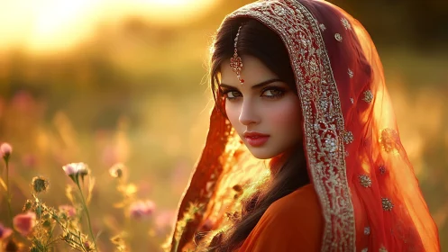 Woman in ornate red dupatta against soft golden field.