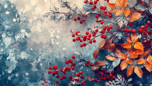 Winter foliage and berries contrast against painted background