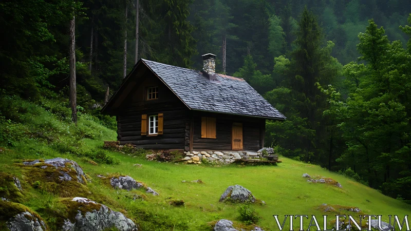 Forest cabin nestles in vibrant mossy hillside clearing.