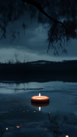 Lone orange candle drifts on dark reflective lake at dusk.