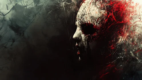 Shattered white mask silhouette in violent red abstraction.