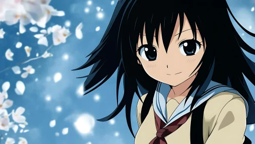 Spring breeze anime schoolgirl with cherry blossom bokeh.