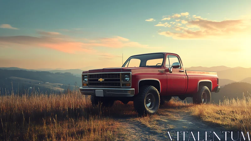 Classic red pickup truck stands on sunlit hilltop trail