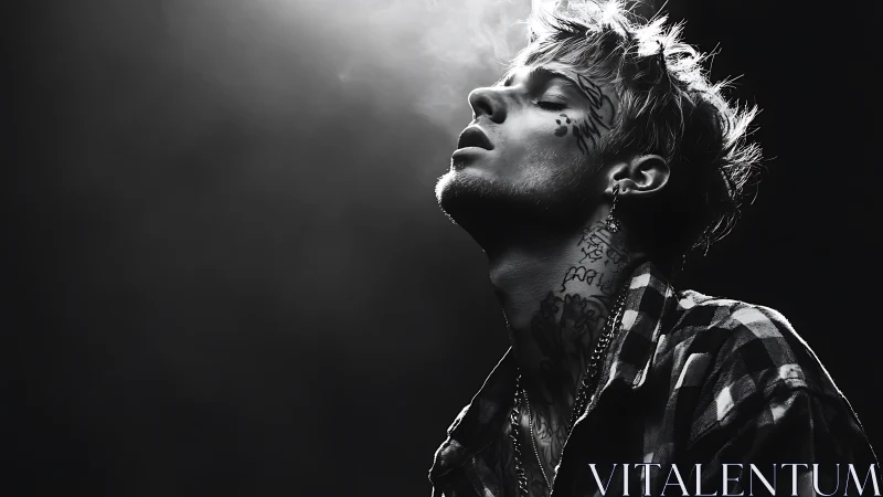 Moody portrait captures a tattooed figure in quiet reflection