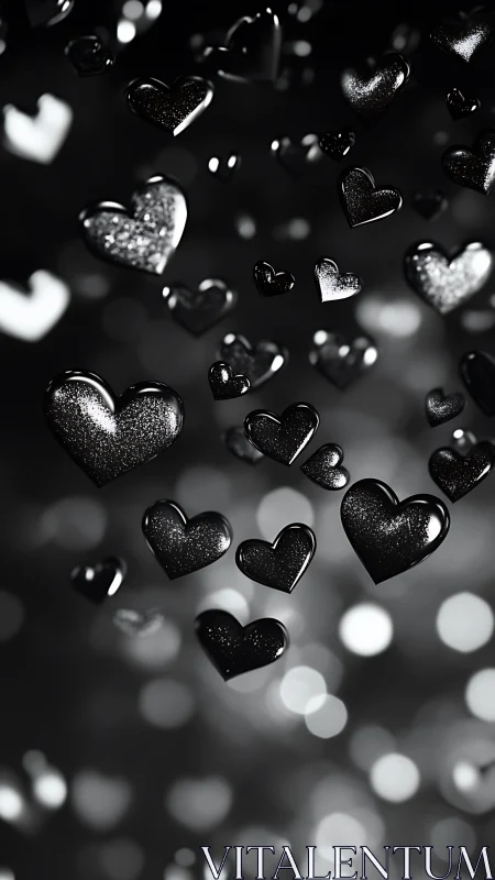 Black and White Glittering Hearts with Bokeh Background