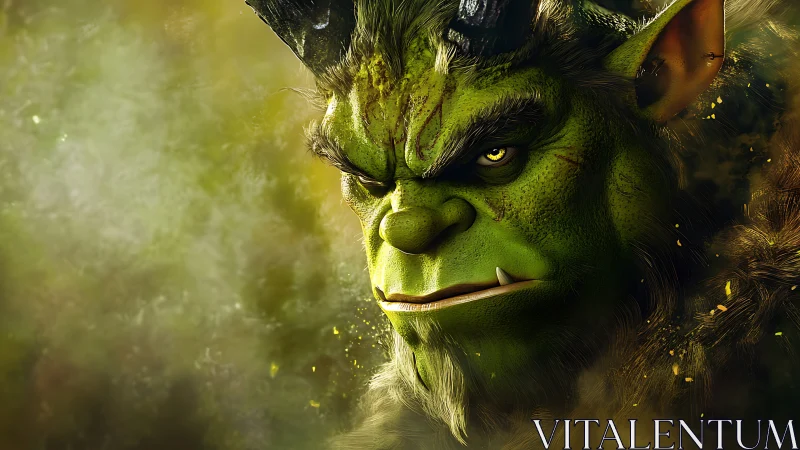 Cinematic 3D orc portrait with horned head, fur and foliage glow