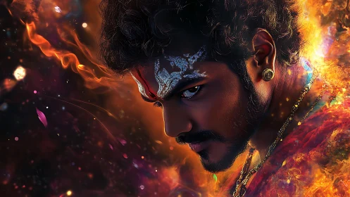 Fiery warrior portrait merges mystic face paint and cosmic fire.