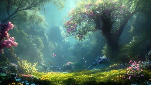 Whispering bloomtree presides over a sunlit enchanted glade.