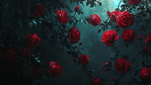 Deep Red Roses in Twilight Garden Dreamscape.