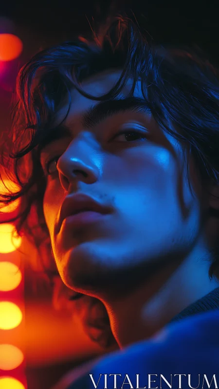 Moody close-up portrait in bold blue and orange neon light.
