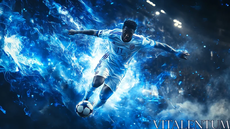 Soccer player in dynamic blue energy motion on field.