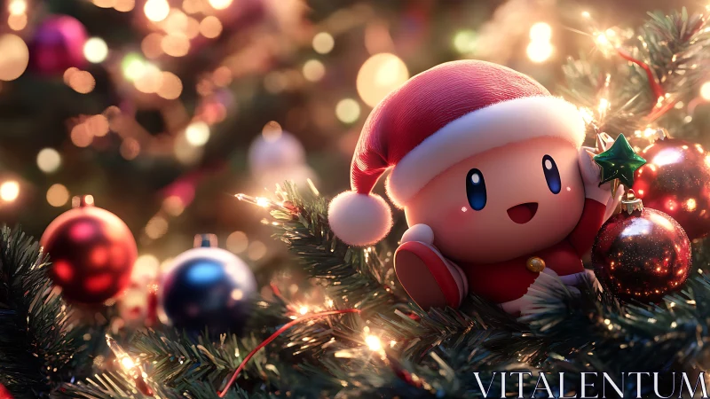 Polygonal holiday mascot in bokeh‑lit Christmas tree environment