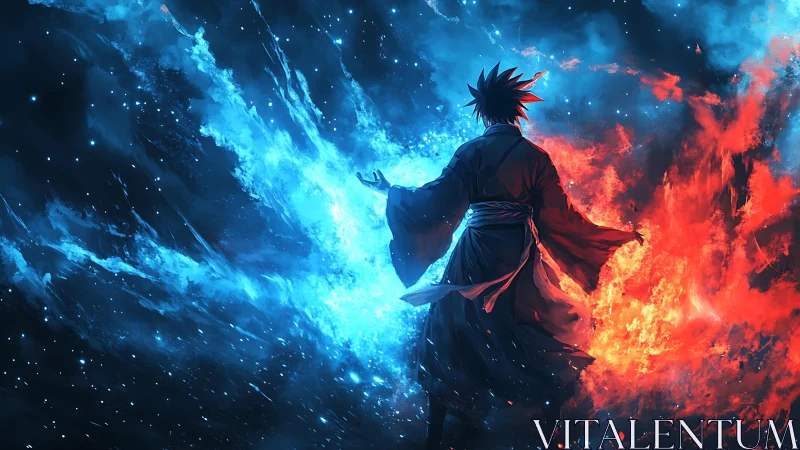 Cosmic duel of fire and frost around lone anime sorcerer.