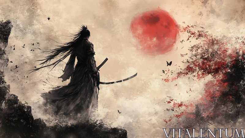 Solitary samurai silhouette observes a crimson, textural sun
