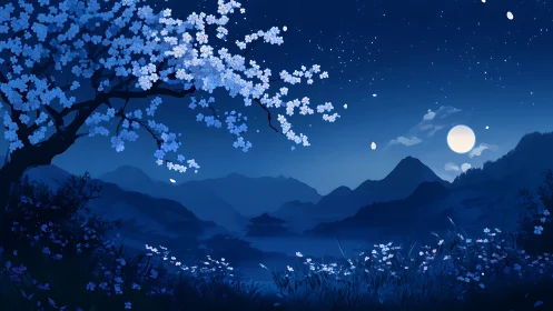 Moonlit blossoms trade secrets with distant blue mountains