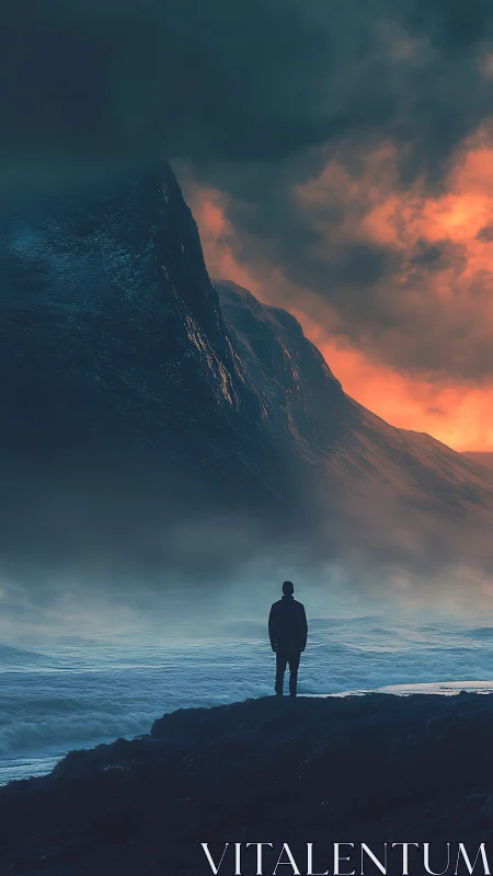 Solitary figure surveys misty seascape beneath looming volcanic cliffs