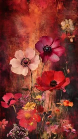 Poppies and Anemones on Textured Red Abstract Background.