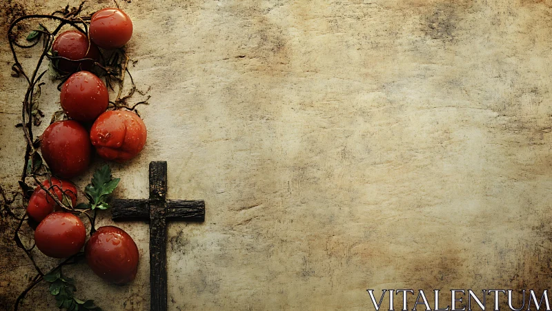Rustic tomatoes and wooden cross on weathered parchment ground.