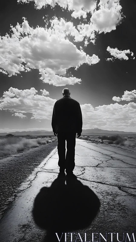 Solitary desert walker under churning cloud kingdoms at noon.