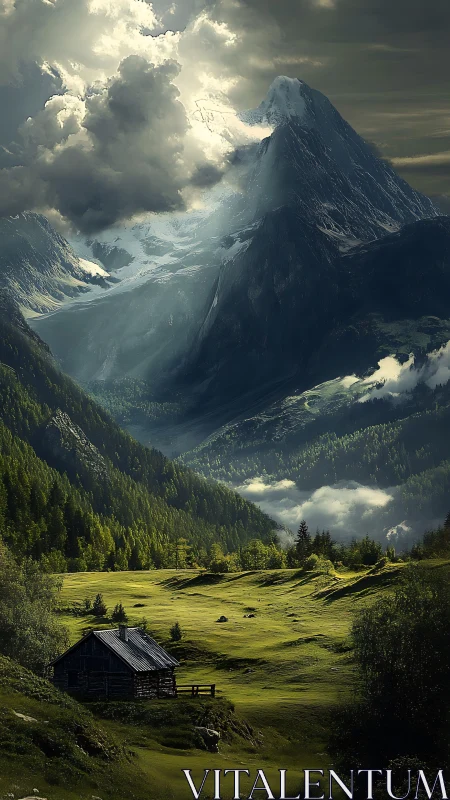 Mountain valley with cabin under dramatic cloud cover.
