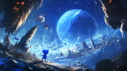 Tiny blue explorer gazes across a luminous alien cosmos.