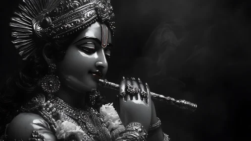 Gentle deity statue plays a flute in soft silver light