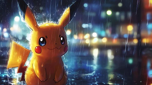 Rainlit electric mascot under neon city drizzle nightscape.