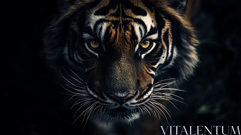 Close frontal view of tiger face in low key lighting.