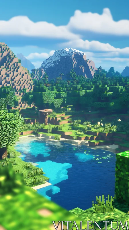 Voxel landscape with lake, forest valley and distant mountains.