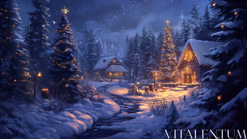 Snow-covered conifer forest village with glowing festive cabins