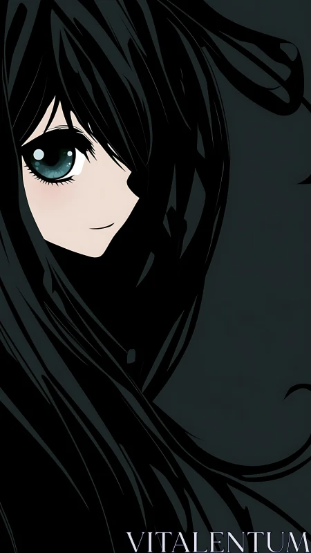 Monochrome anime portrait with teal-highlighted single eye.