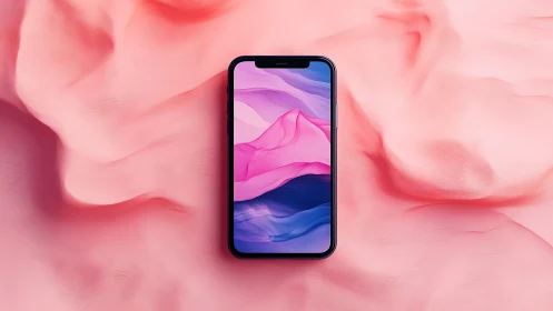 Smartphone with fluid gradient display on pink background.