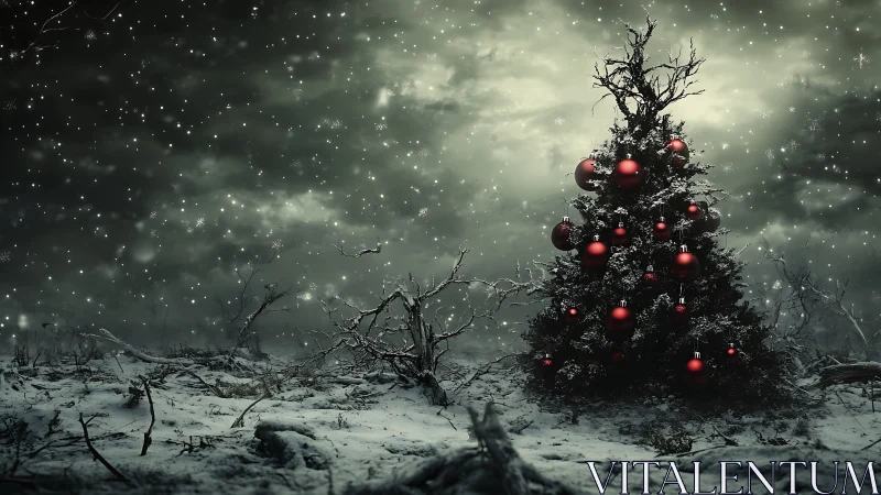 Snow laden Christmas tree with red ornaments in desolate winter field