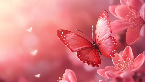 Graceful pink butterfly drifting through soft spring blooms.