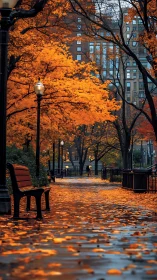 Rain-soaked city park path glows beneath vivid autumn trees