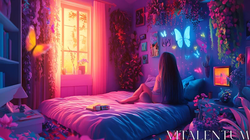 Dreamy neon bedroom glows with butterflies at twilight