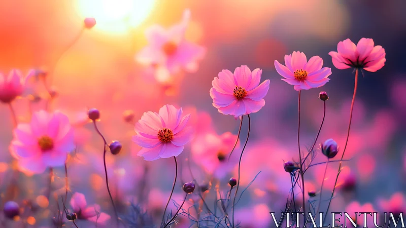 Pink cosmos flowers glowing in soft golden and purple light.